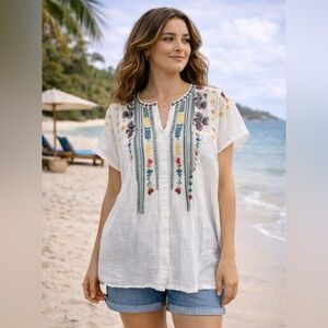 Biya White Embroidered Boho Tunic Dress Small Floral Festival Top